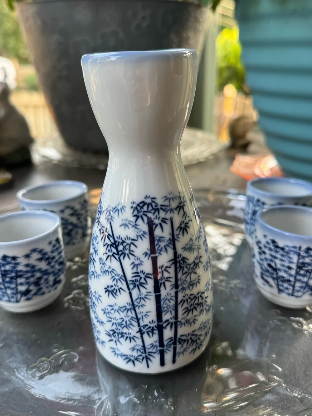 Kafuh Japan Blue & White Bamboo Porcelain Vintage Sake Set - 5 Pc